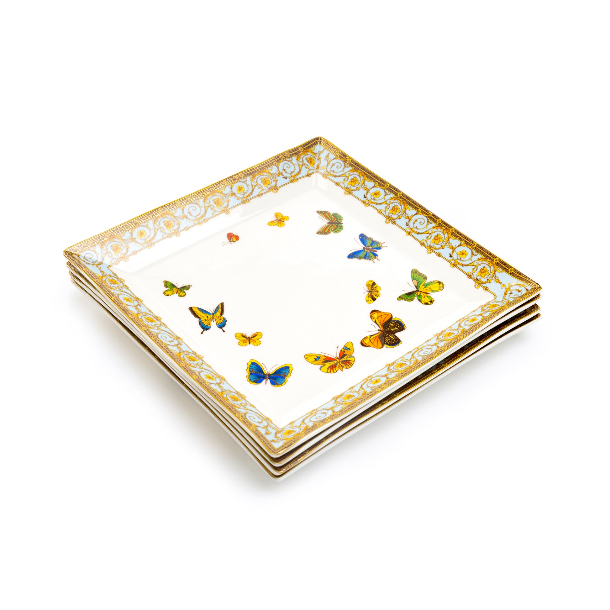 Grace Teaware 8" Butterflies with Blue Ornament Fine Porcelain Square Dessert Plate Set of 4
