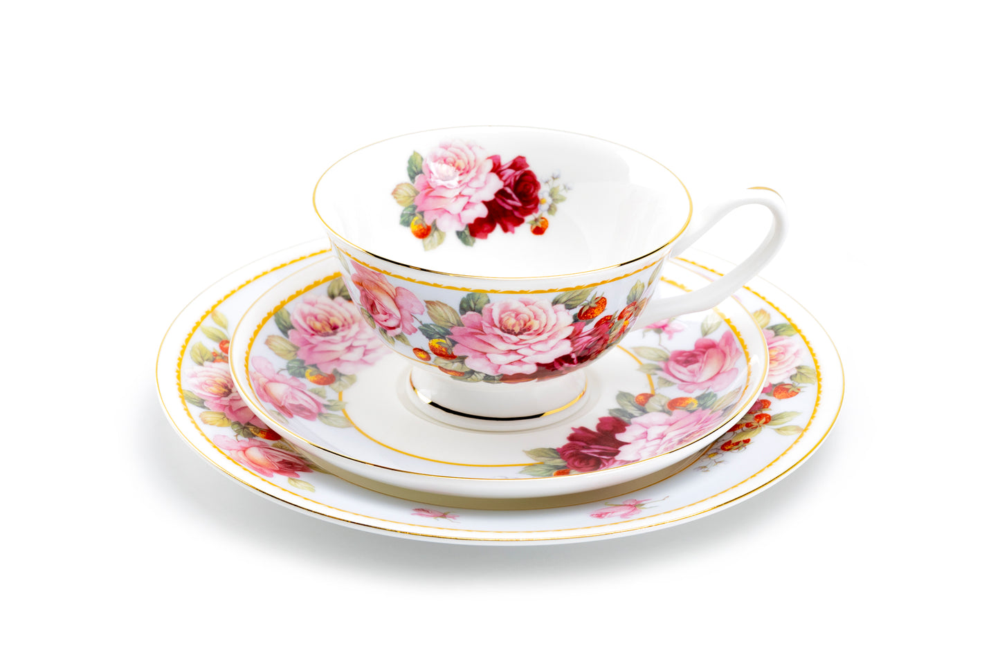 Peony and Strawberry Blue Bone China 11-Piece Tea Set