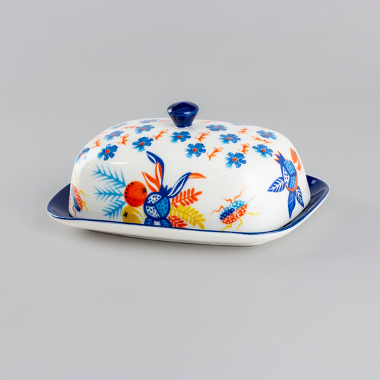 Blue Folk Art Ceramic Butter Dish