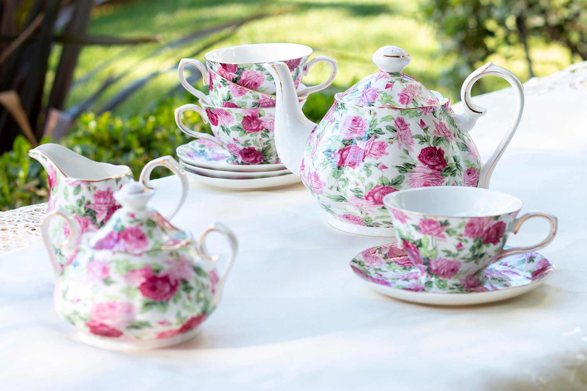 Pink Summer Rose Chintz Fine Porcelain 11-Piece Tea Set