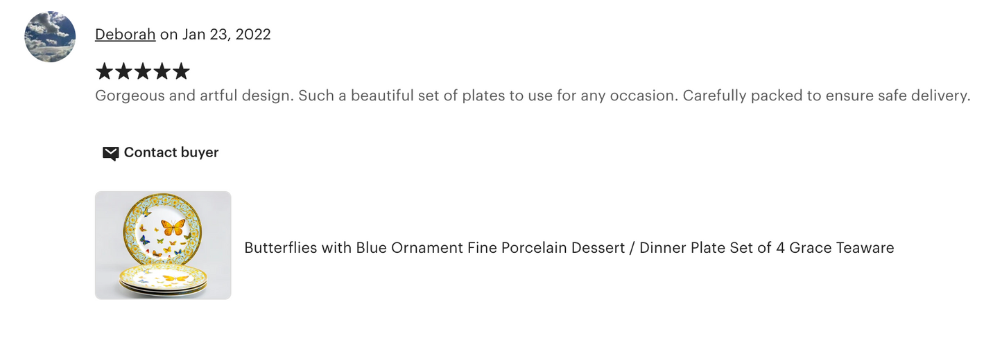 Butterflies with Blue Ornament Fine Porcelain Dessert / Dinner Plate
