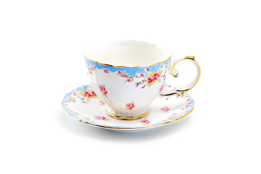 Grace Teaware Rose with Blue Accent Fine Porcelain Tea Cup and Saucer