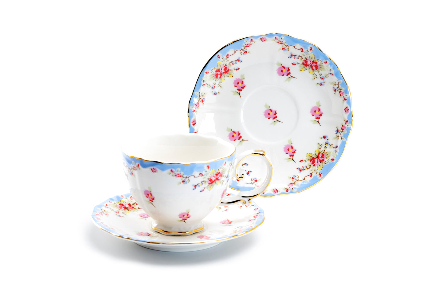 Grace Teaware Rose with Blue Accent Fine Porcelain Tea Cup and Saucer Set