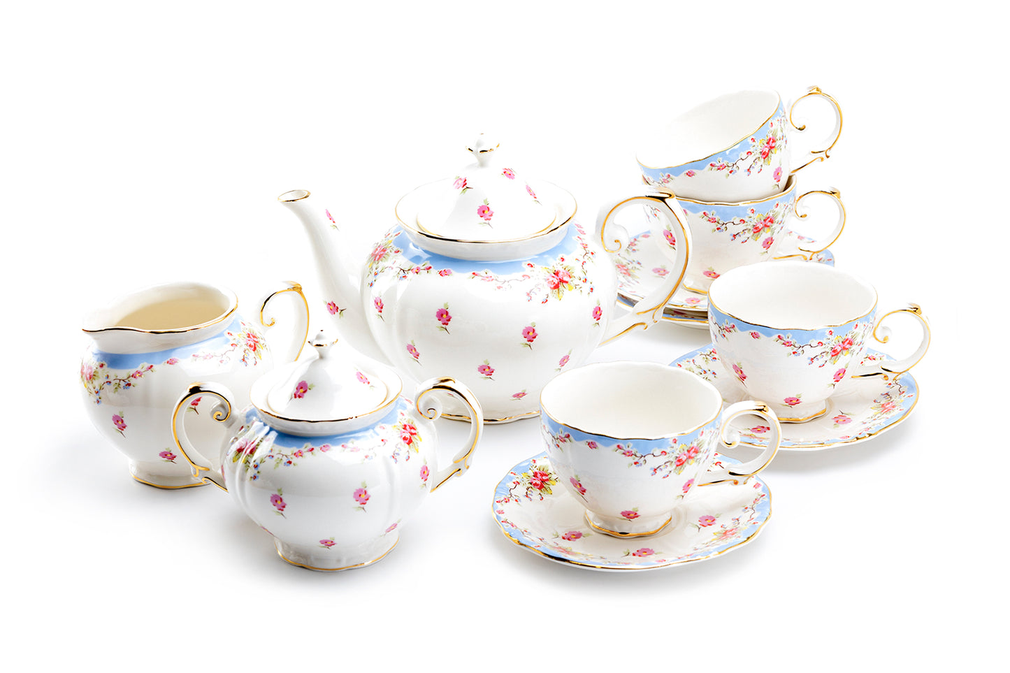 Grace Teaware Rose with Blue Accent Fine Porcelain 11-Piece Tea Set