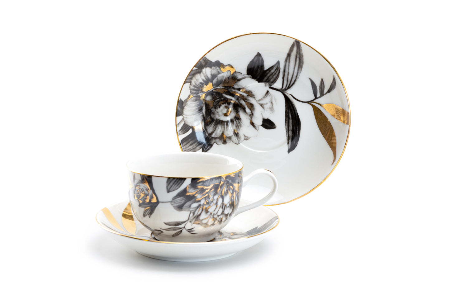 Grace Teaware Black Gold Peony Fine Porcelain Tea Cup and Saucer Set