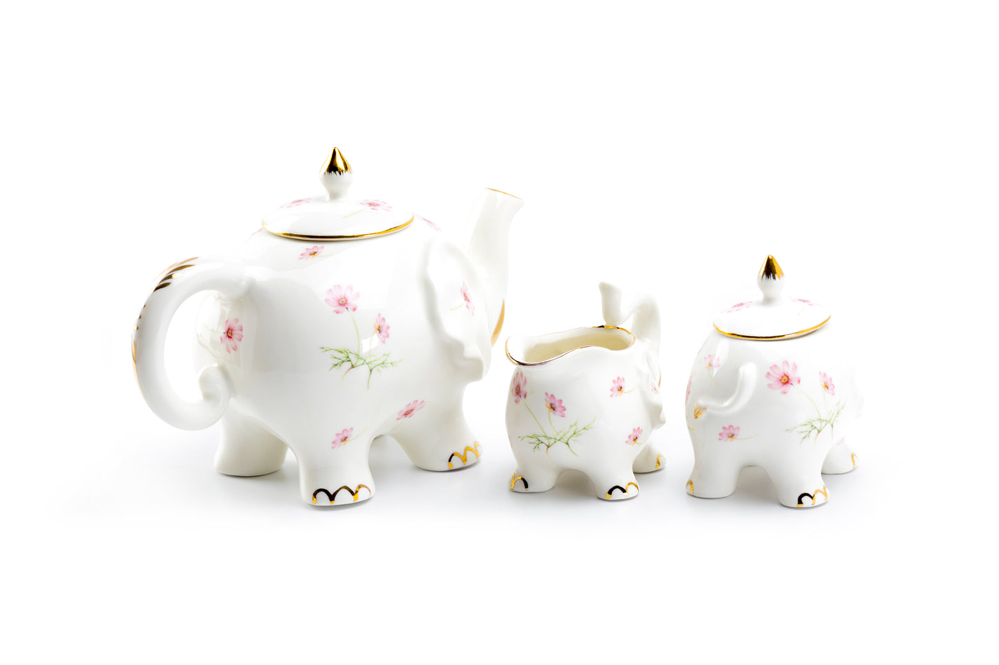 Grace Teaware Pink Flower Elephant Fine Porcelain 3-Piece Teapot Sugar Creamer