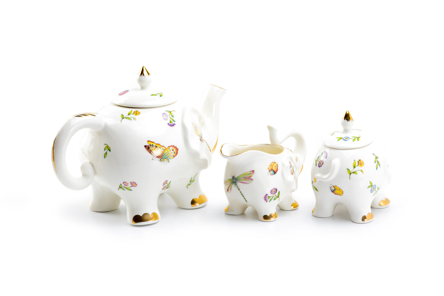 Grace Teaware Flower Garden Dragonfly Butterfly Elephant Fine Porcelain 3-Piece Tea Set