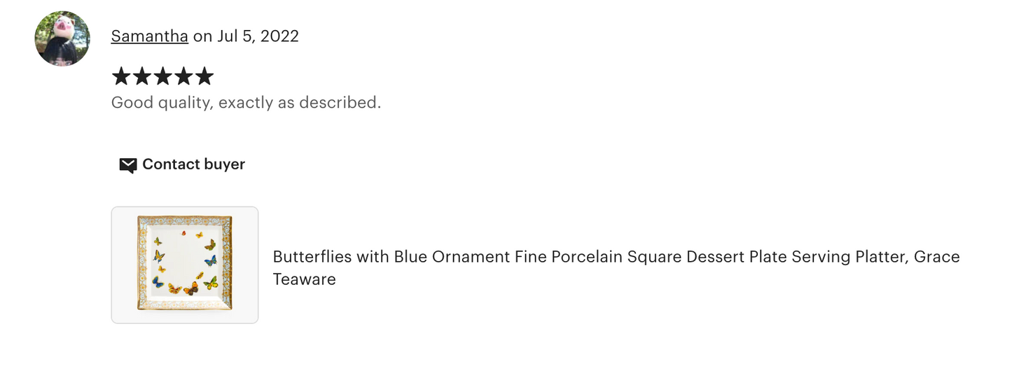 8" Butterflies with Blue Ornament Fine Porcelain Square Dessert Plate