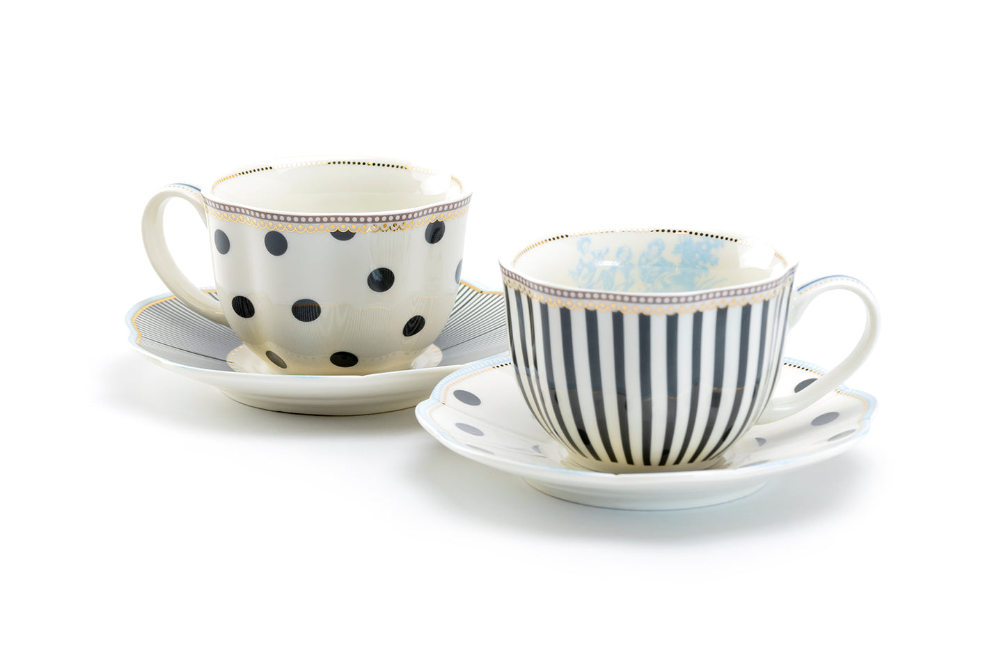 Grace Teaware Dark Grey Stripes and Dots with Blue Toile Fine Porcelain Cup and Saucer Sets