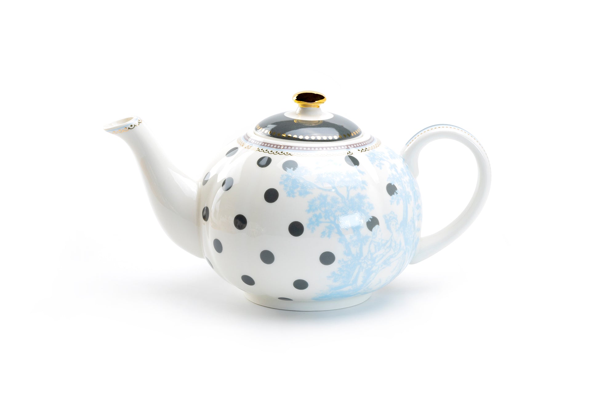 Grace Teaware Dark Gray Dots with Blue Toile Fine Porcelain Teapot