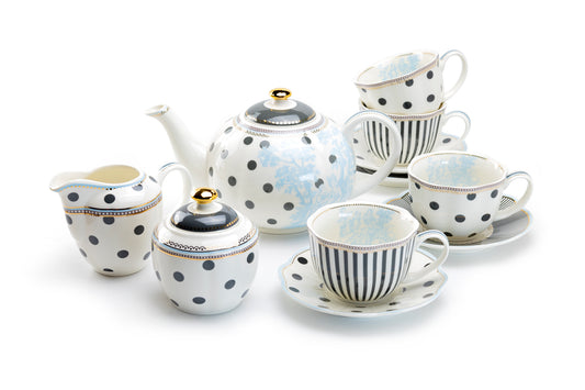 Grace Teaware Dark Grey Stripes and Dots Fine Porcelain Tea Set