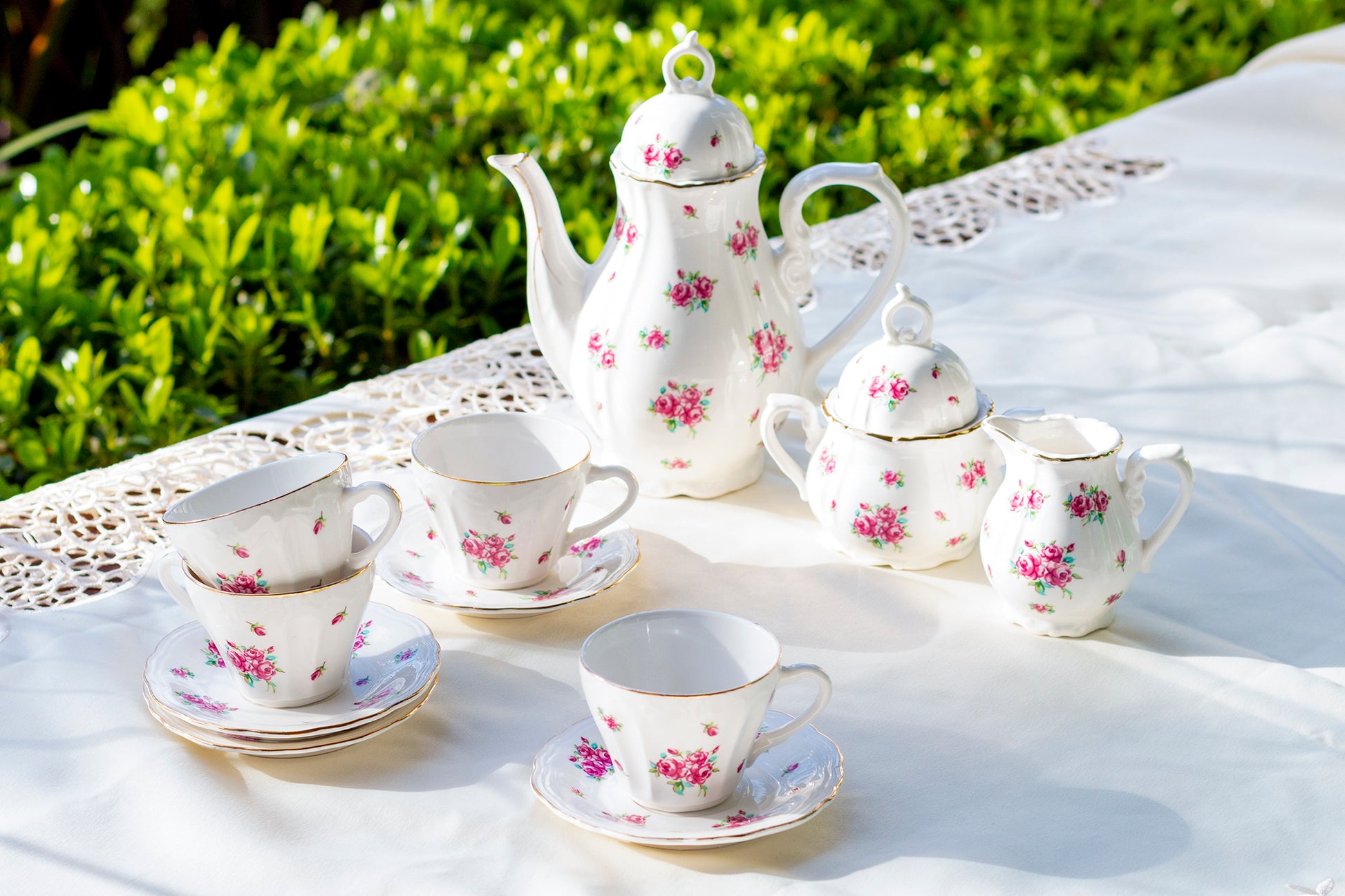 rose rosebud floral tea set children kids teapot sugar creamer cup saucer