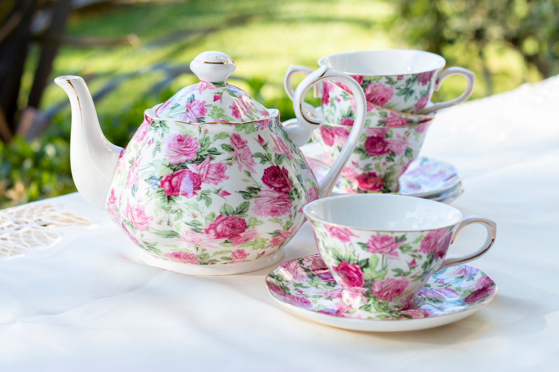 Grace Teaware Pink Summer Rose Fine Porcelain 11-Piece Tea Set