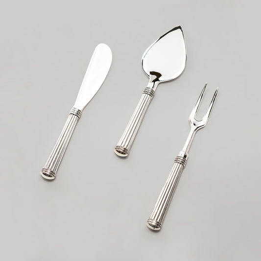 Silver Plated Hostess Flatware Set of 3 with Stripe Handle Design