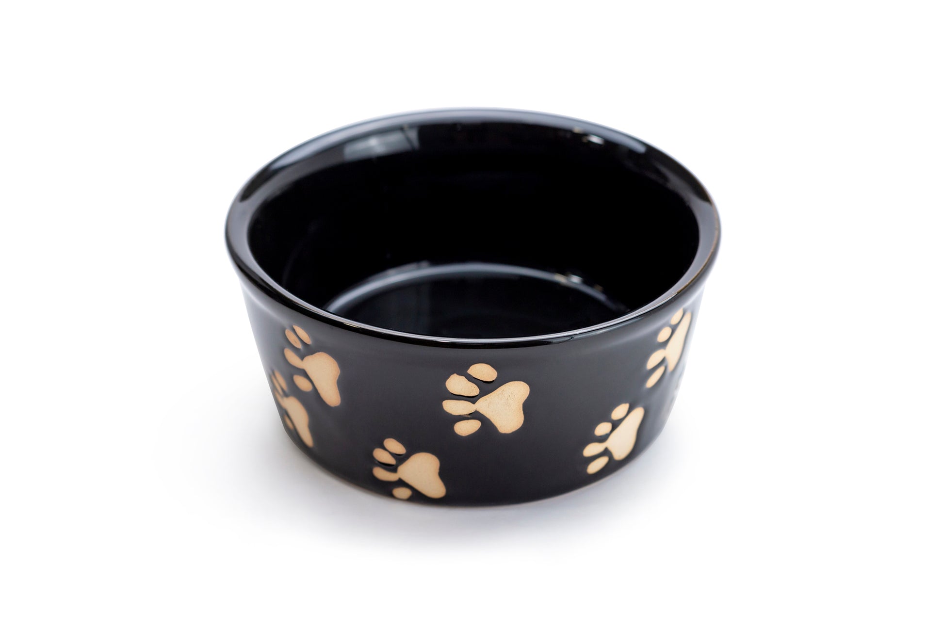 Indipets Black Insulated Bowl with Paw Prints Feeder 32 oz