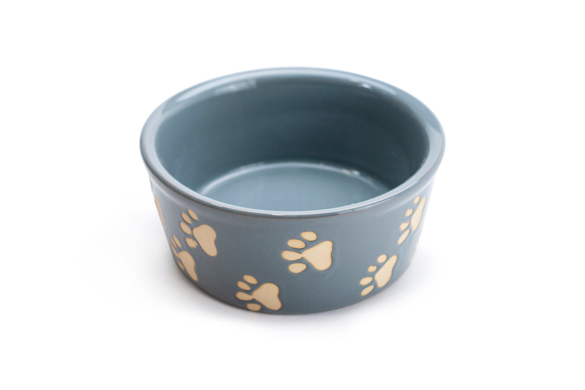 Gray pet bowl with paw print