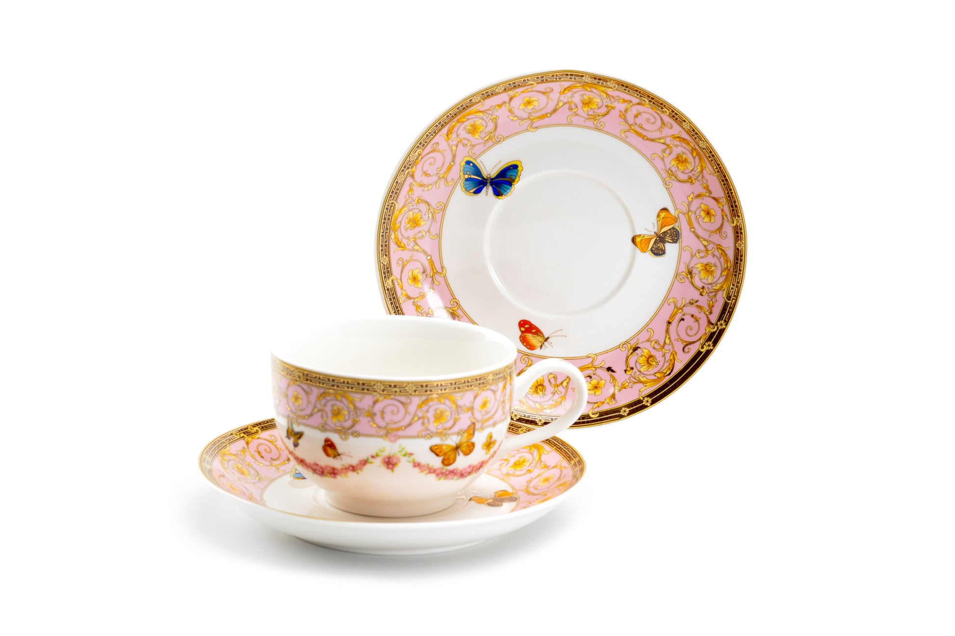 Butterflies with Pink Ornament Fine Porcelain Tea Cup and Saucer Set