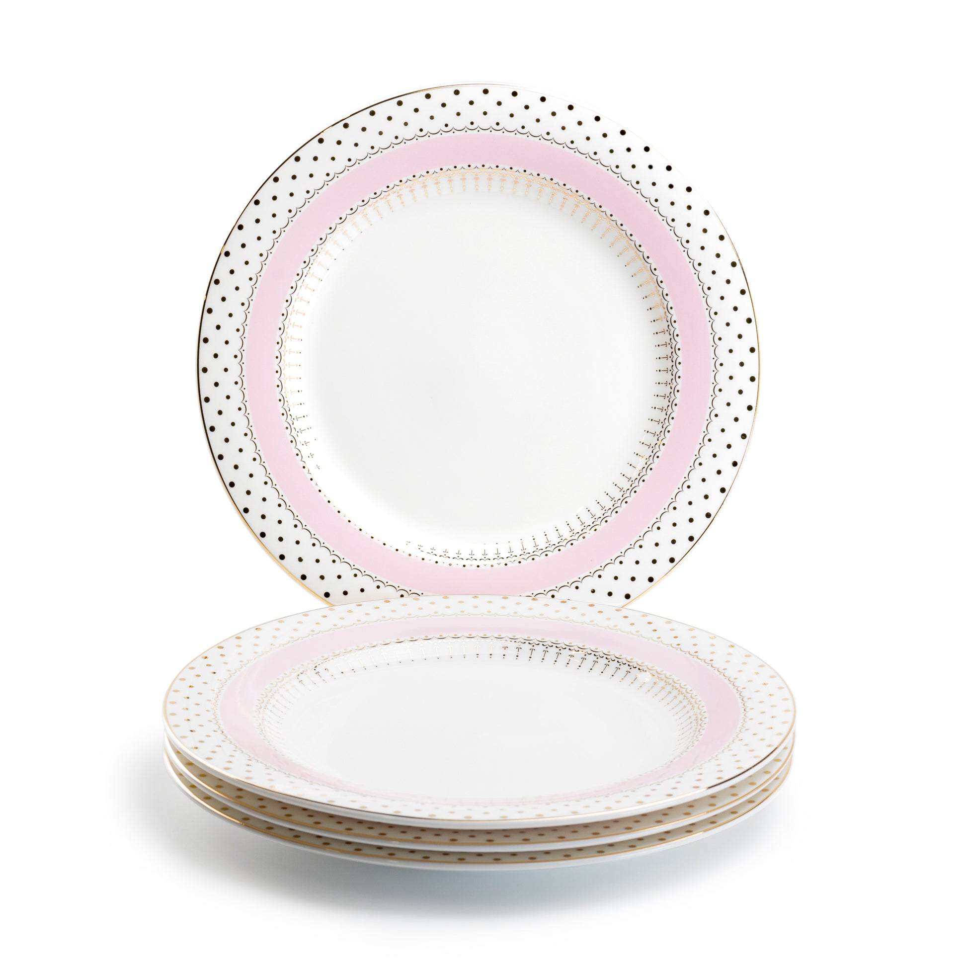 Grace Teaware 10.5" Pink Stripe with Gold Dots Fine Porcelain Dinner Plate Set of 4