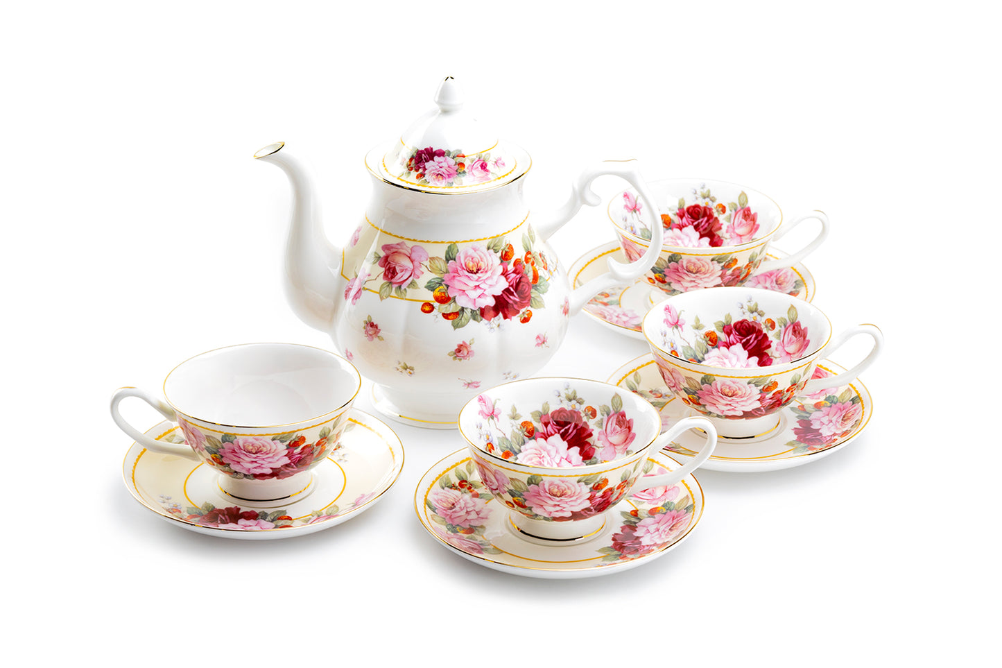 Stechcol Gracie Bone China Peony and Strawberry Cream Bone China 9-Piece Tea Set