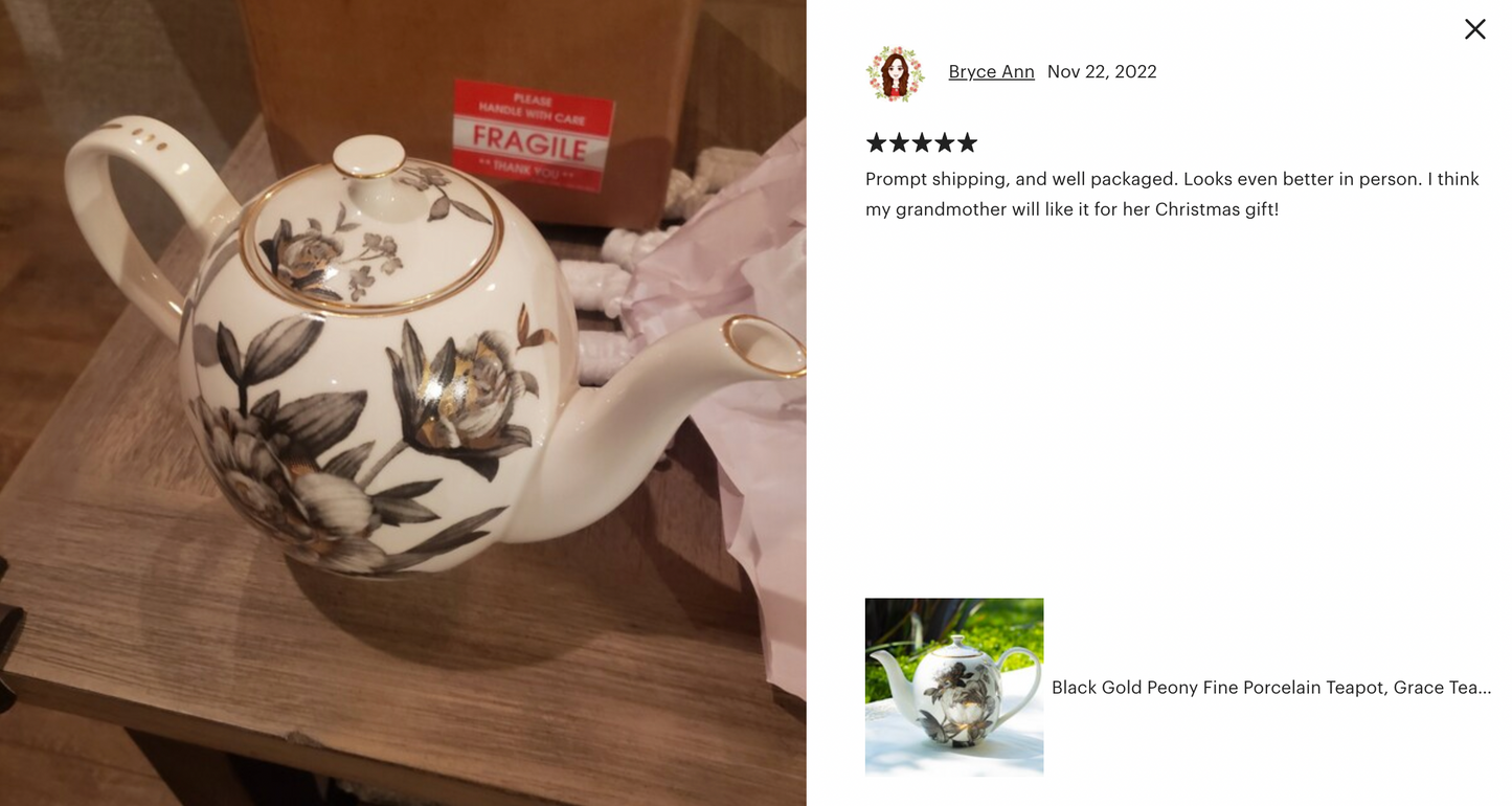 Black Gold Peony Fine Porcelain Teapot
