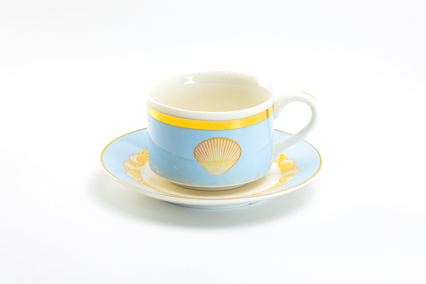 Sea Shell Blue Fine Porcelain Coffee Cup and Saucer