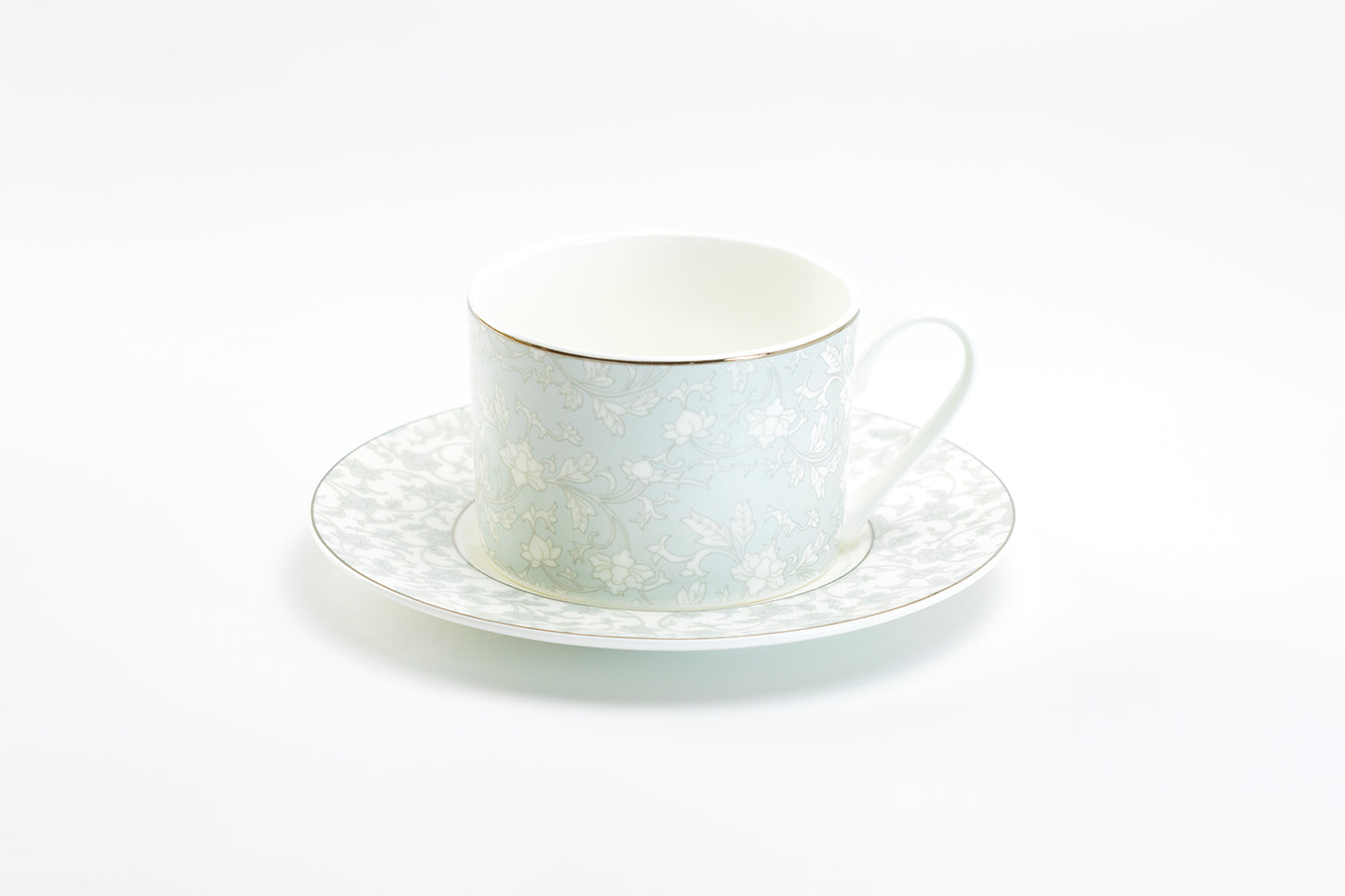 Light Grey Floral Pattern Bone China Coffee Cup and Saucer