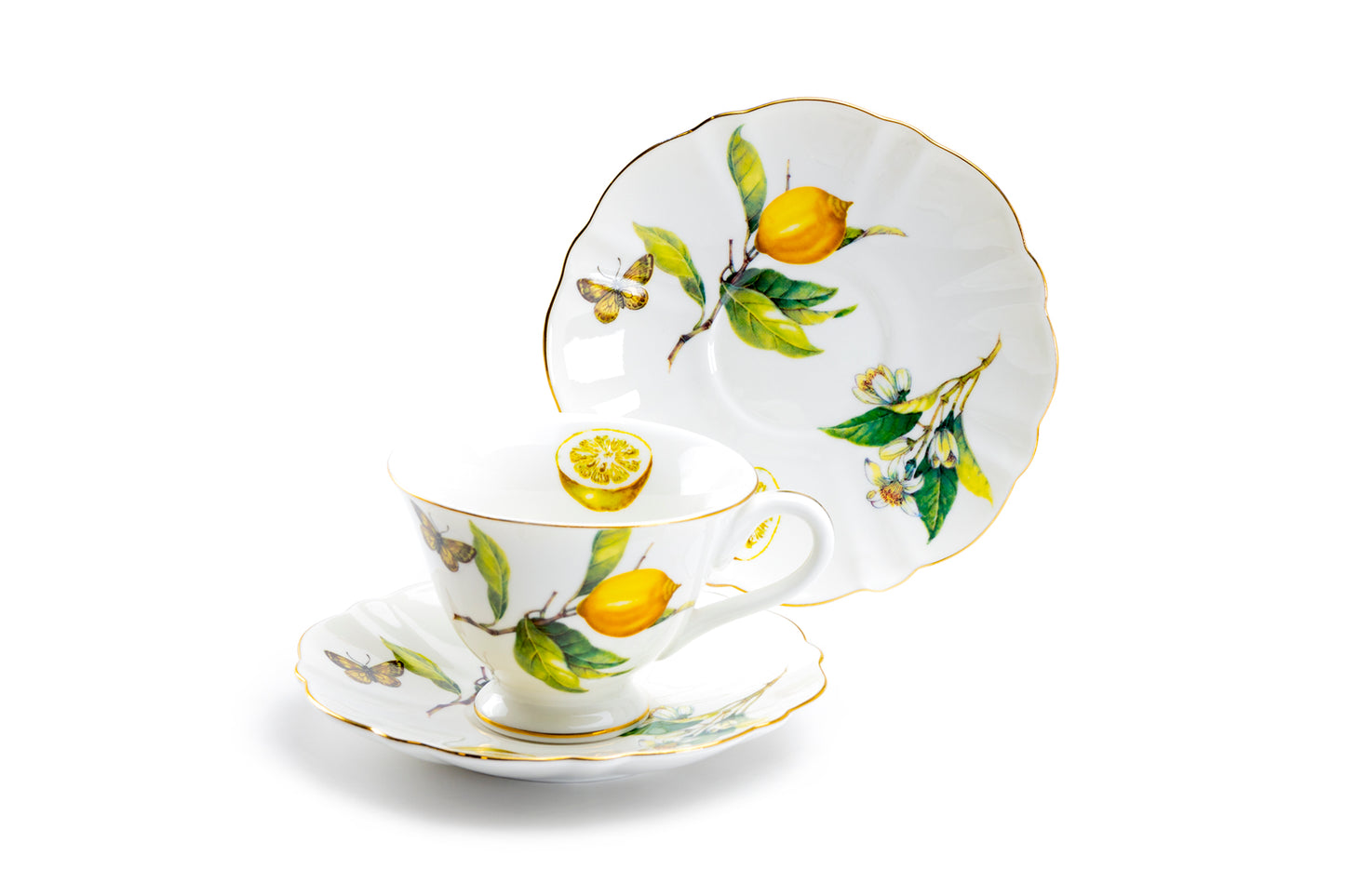 Grace Teaware Lemon Butterfly Fine Porcelain Tea Cup and Saucer Set